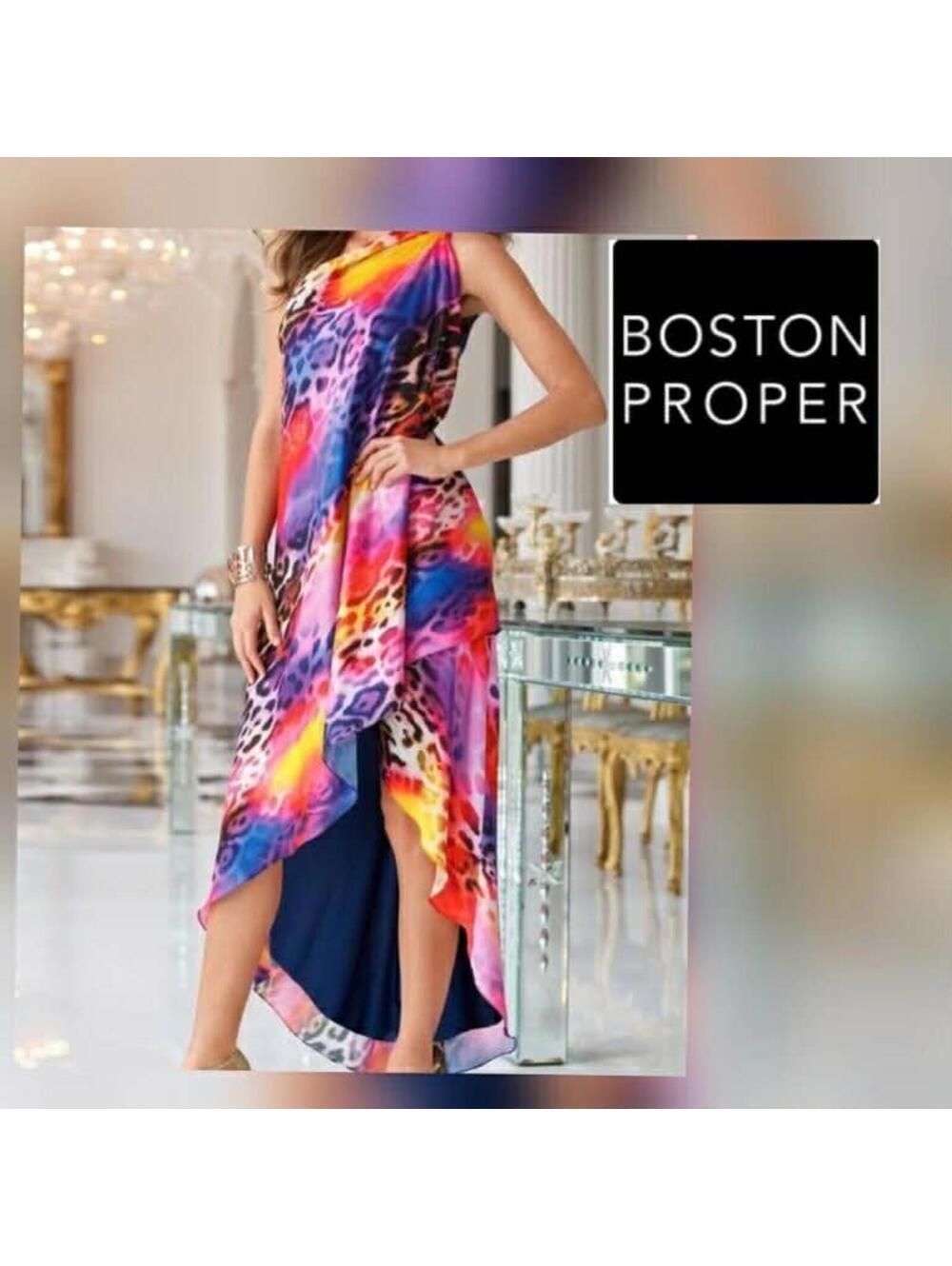 Boston Proper One-Shoulder Multicolor Animal Print Dress Lined Rainbow 16 $130